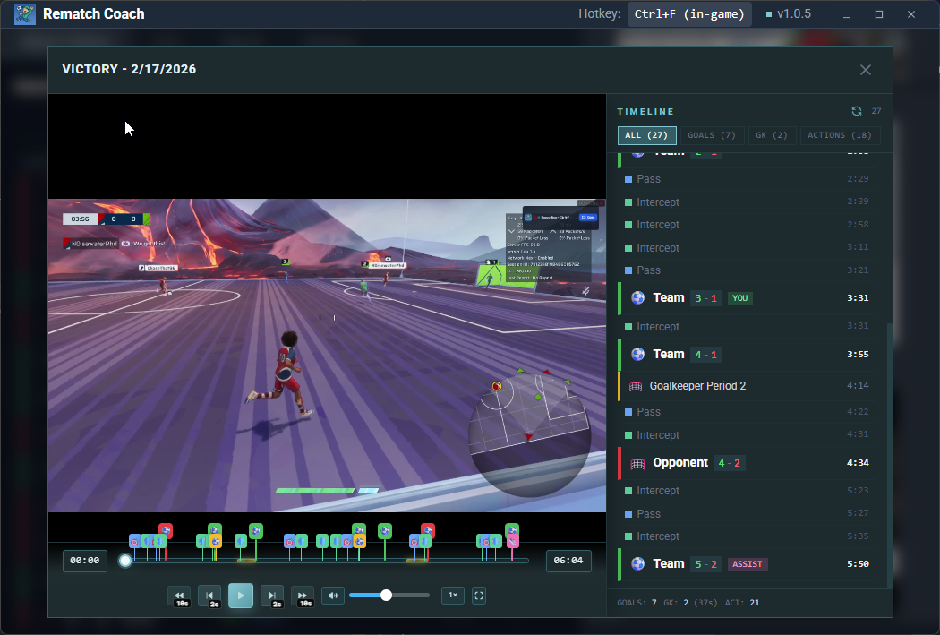 Video player with action timestamps